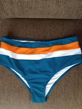 High-Waist Swim Bottom in Teal with Orange & White Stripe Detail